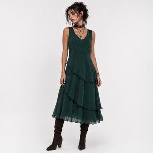 Vintage Click Tiered Midi Dress Womens S Green Cupro Rayon Whimsigoth Boho Y2K